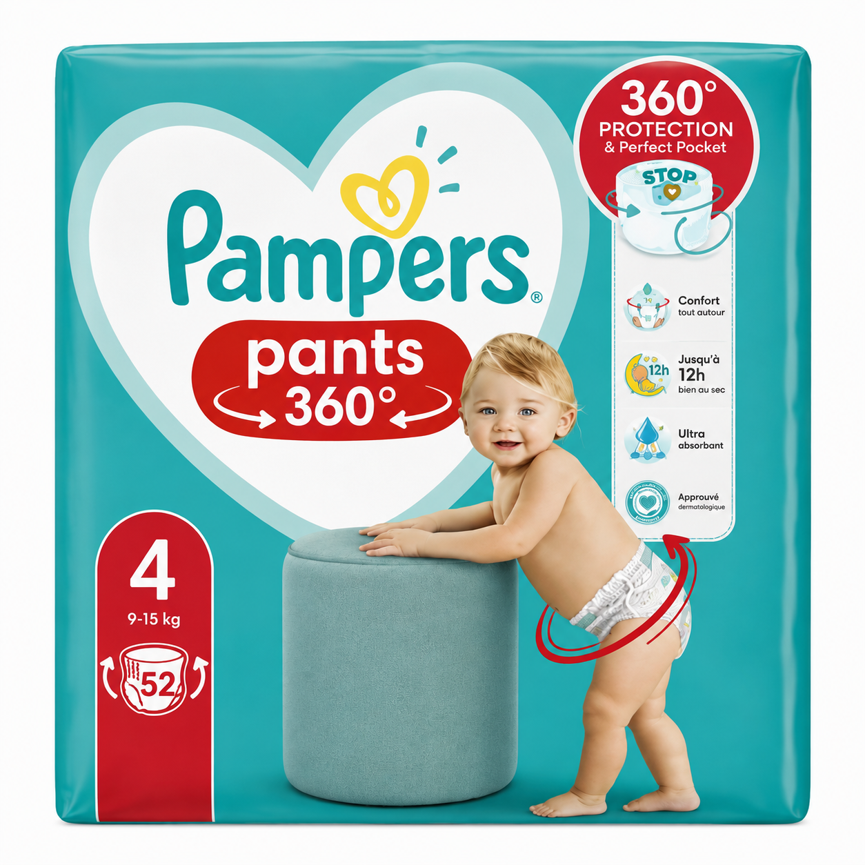 PAMPERS PANTS 360° – TAILLE 4 – 52 CULOTTES – 9 À 15 KG