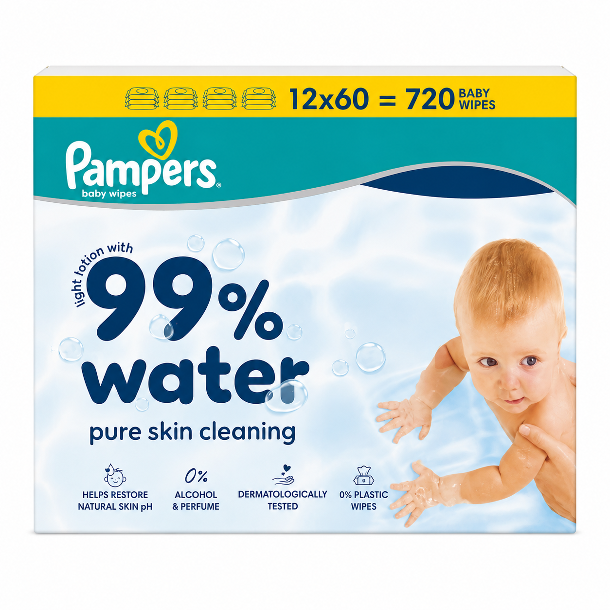 PAMPERS 99% WATER PURE SKIN CLEANING – 12 × 60 LINGETTES – 720 LINGETTES