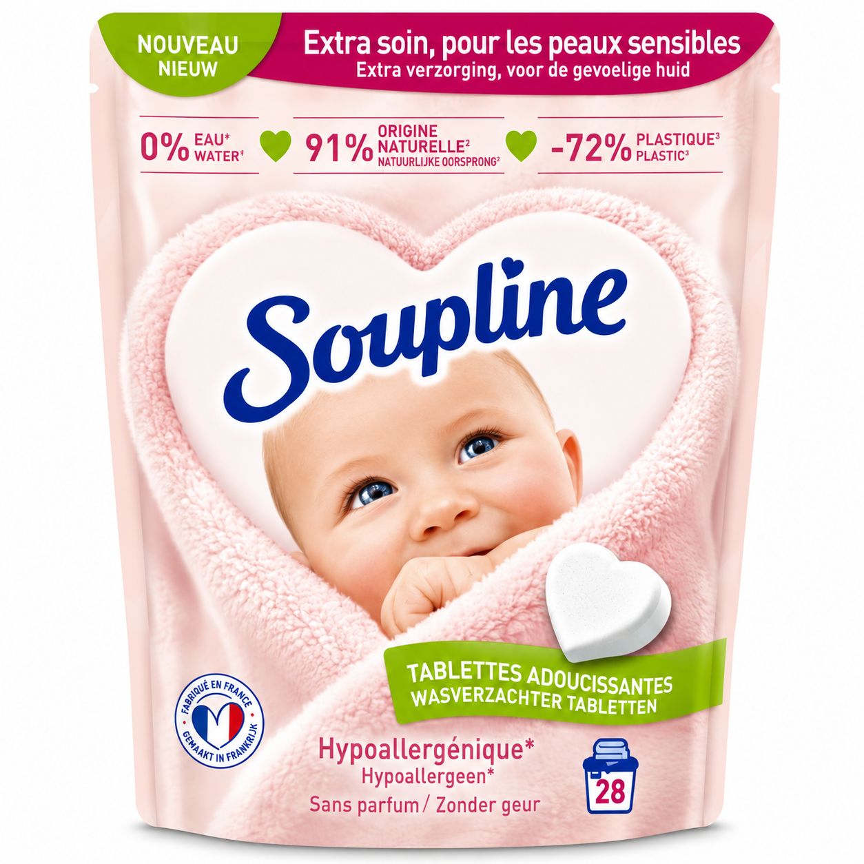 SOUPLINE TABLETTES ADOUCISSANTES HYPOALLERGÉNIQUES SANS PARFUM – 28 TABLETTES