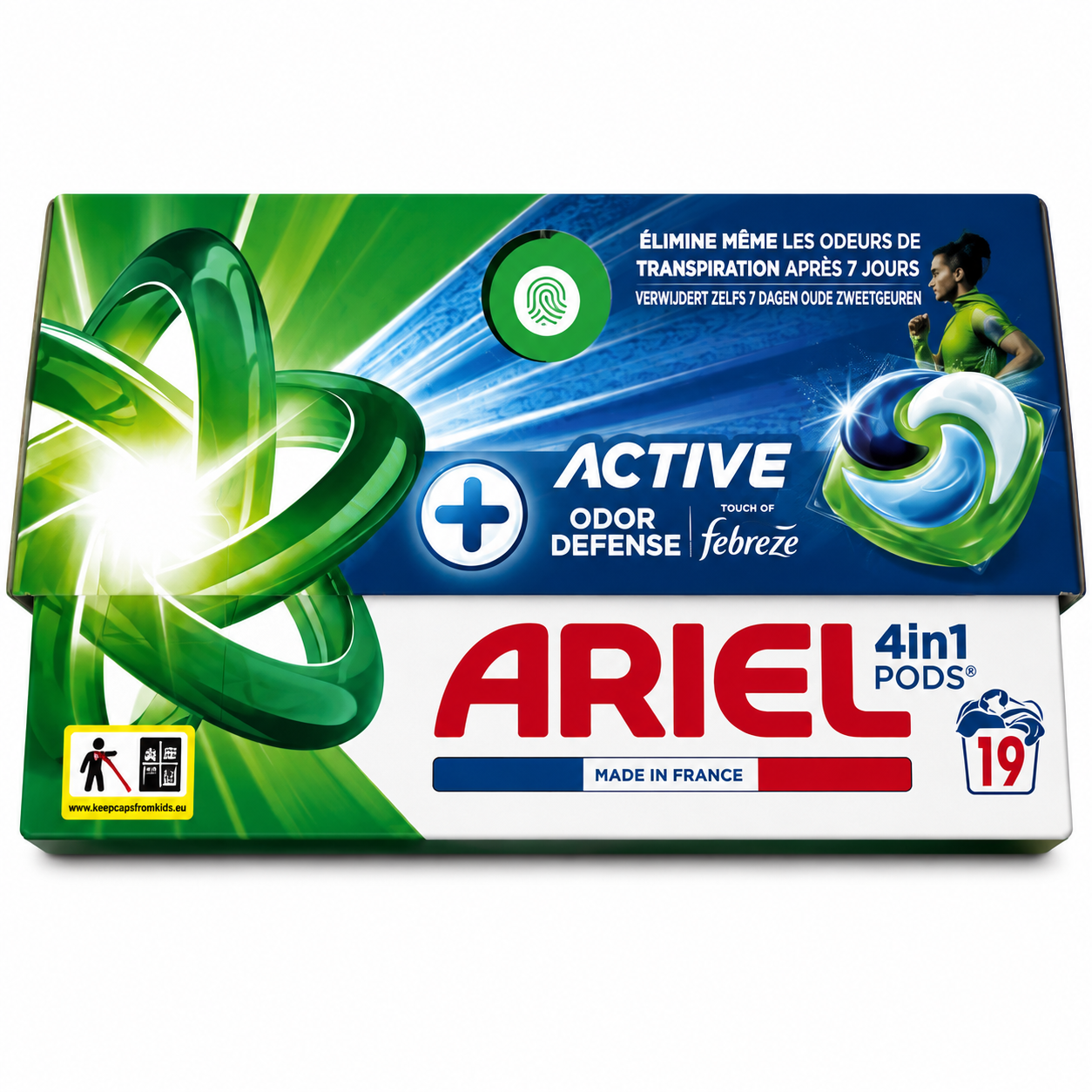ARIEL 4EN1 PODS ACTIVE ODOR DEFENSE + FEBREZE – 19 LAVAGES