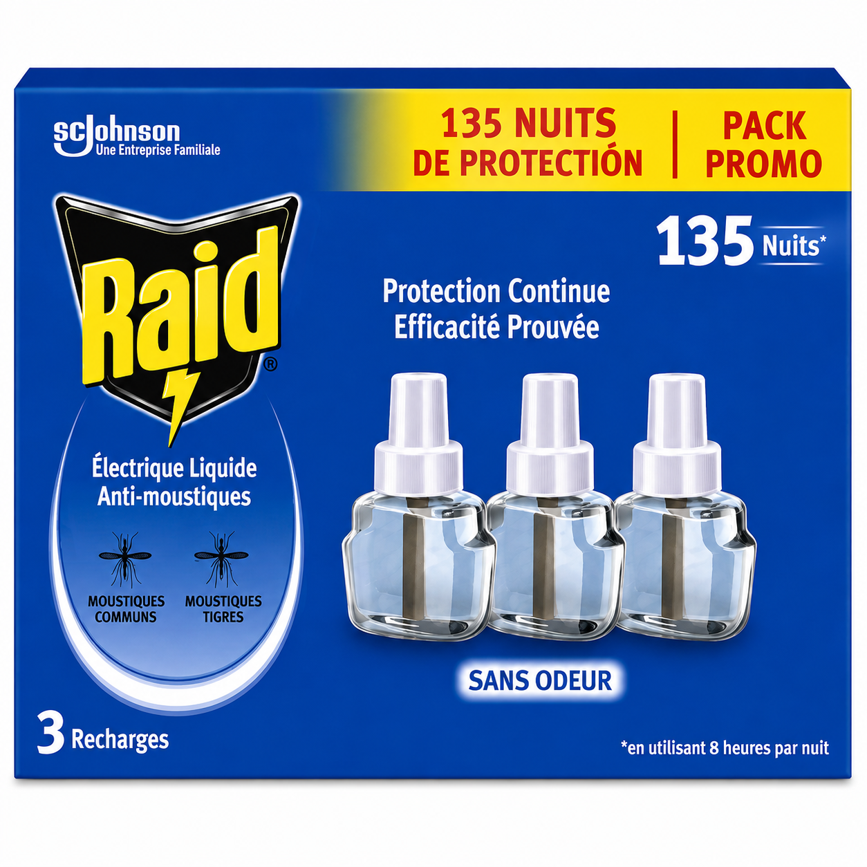 RAID ÉLECTRIQUE LIQUIDE ANTI-MOUSTIQUES – 3 RECHARGES – 135 NUITS