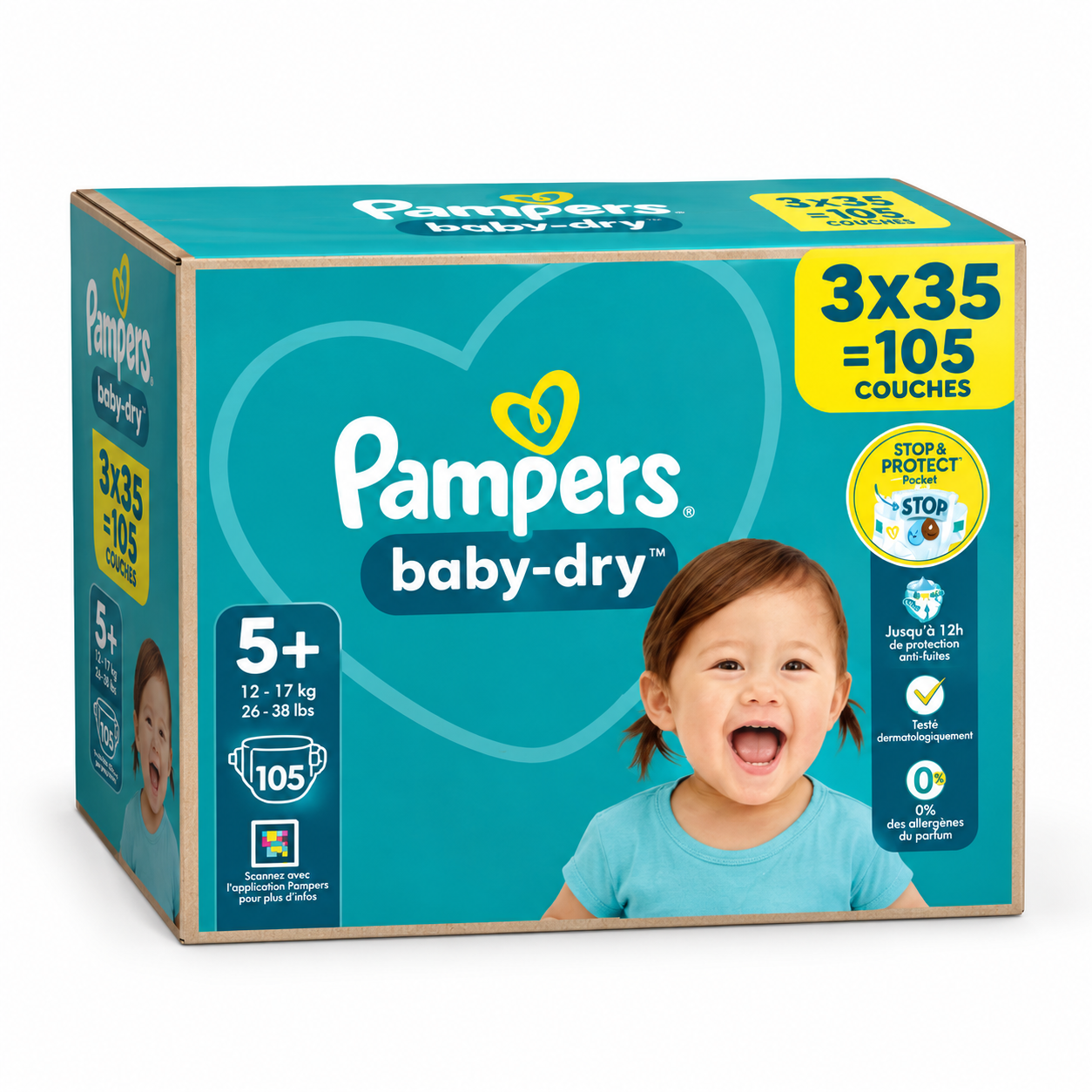 PAMPERS BABY-DRY – TAILLE 5+ (12–17 KG) – 105 COUCHES