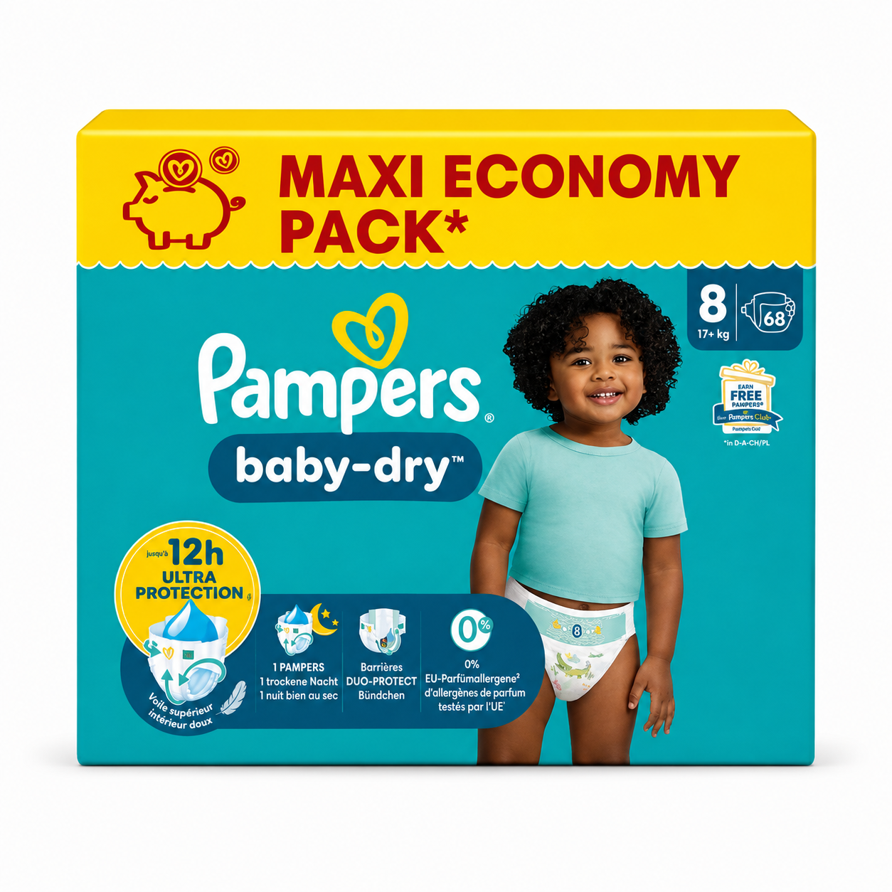 PAMPERS BABY-DRY – TAILLE 8 (17+ KG) – 68 COUCHES
