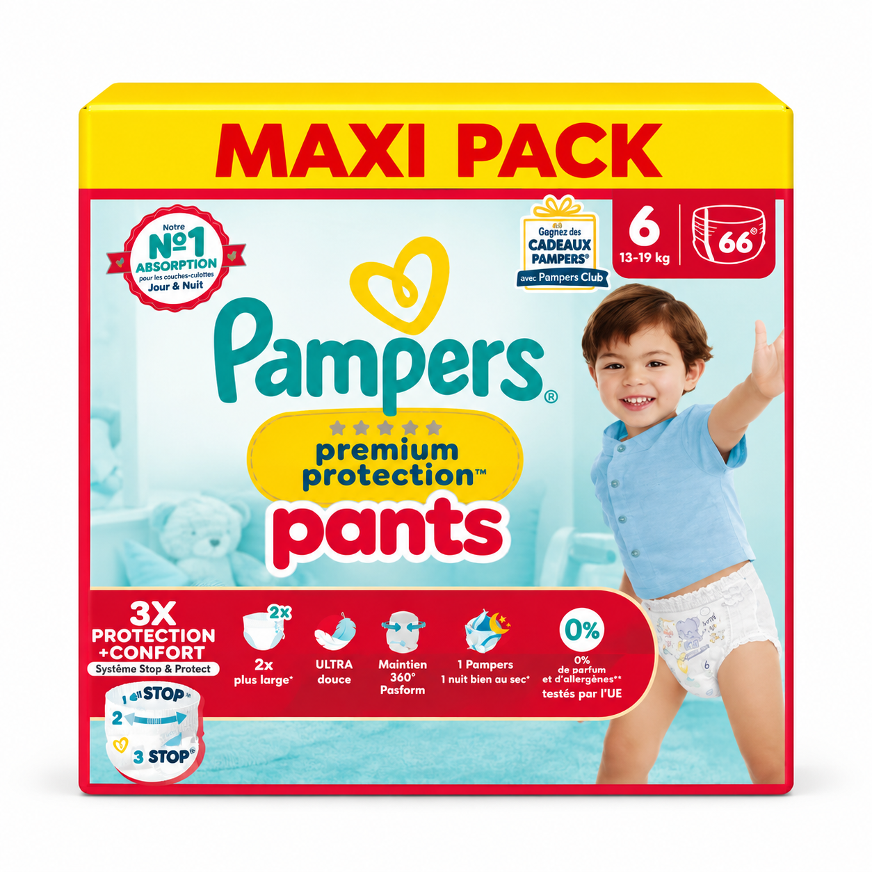PAMPERS PREMIUM PROTECTION PANTS – TAILLE 6 (13–19 KG) – 66 CULOTTES