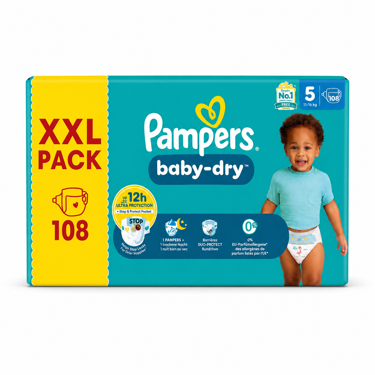 PAMPERS BABY-DRY – TAILLE 5 (11–16 KG) – 108 COUCHES