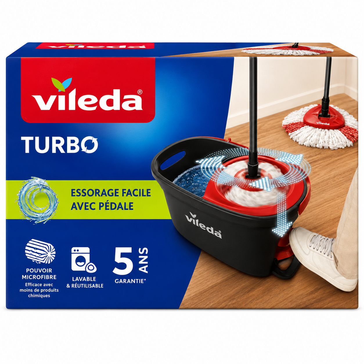 VILEDA TURBO – KIT COMPLET BALAI À FRANGES + SEAU ESSOREUR À PÉDALE