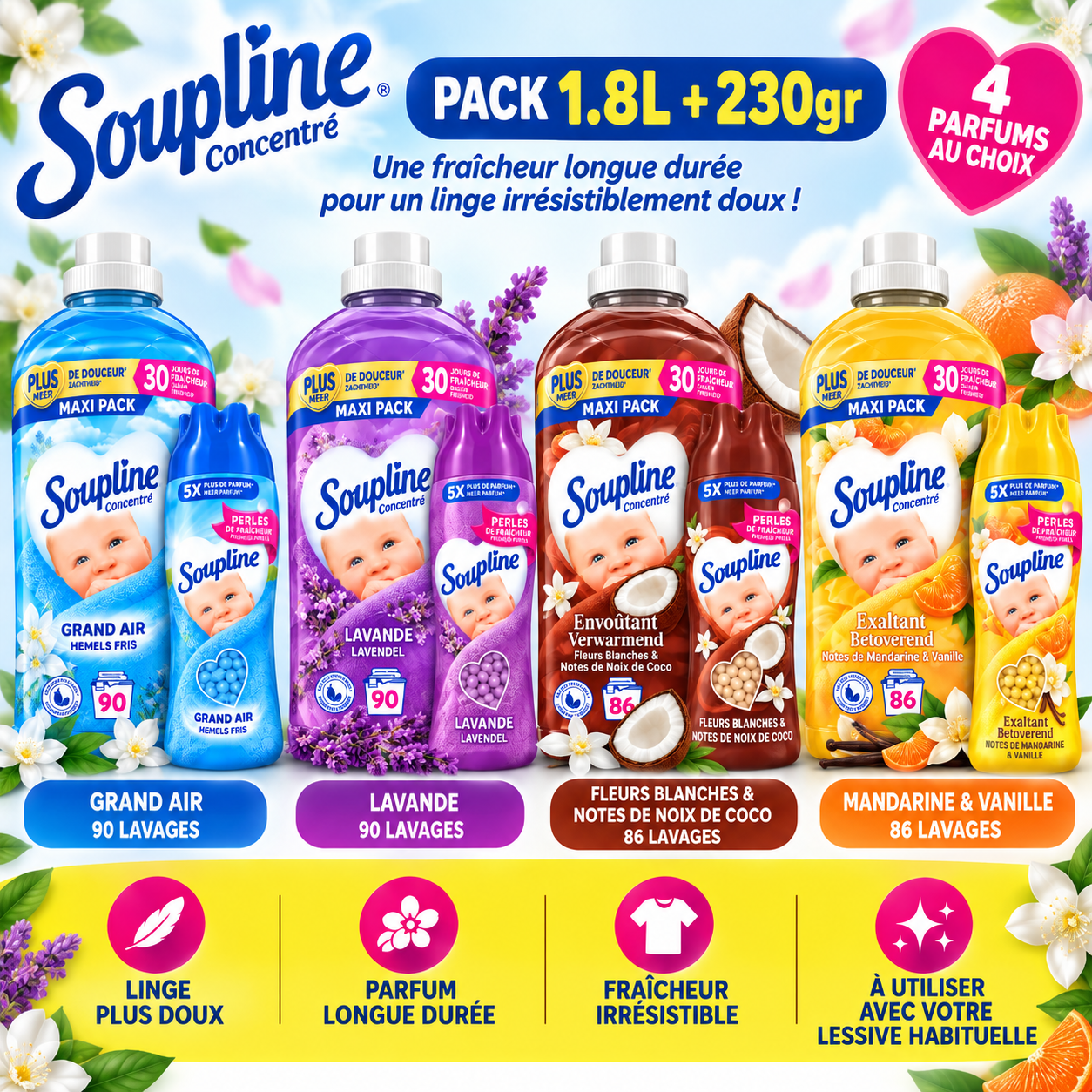 SOUPLINE CONCENTRÉ – PACK ADOUCISSANT 1.8L + PERLE DE LINGE 230GR