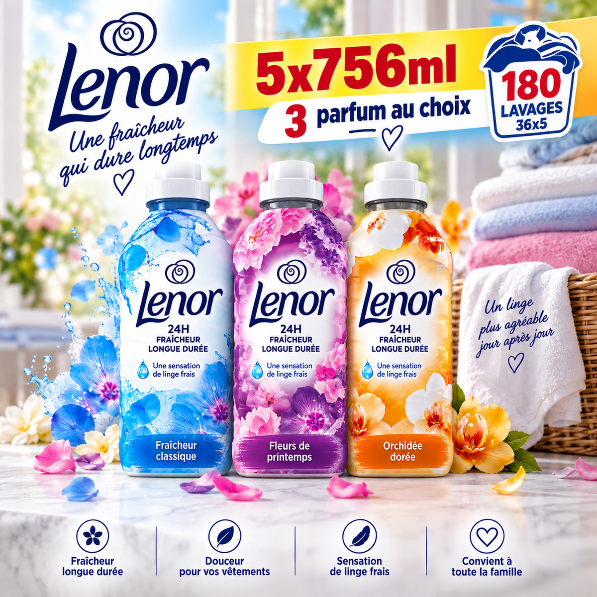 LENOR – ADOUCISSANT – LOT DE 5 × 756 ML – 180 LAVAGES