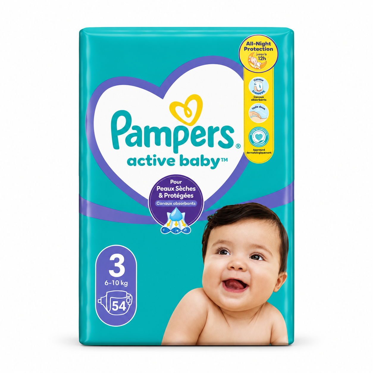 PAMPERS ACTIVE BABY – TAILLE 3 (6–10 KG) – 54 COUCHES