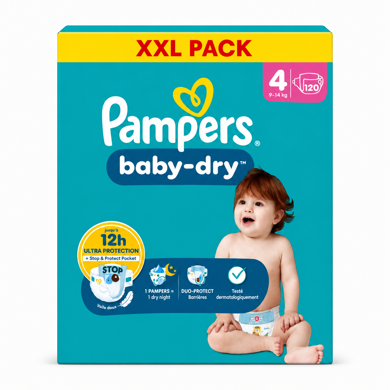 PAMPERS BABY-DRY – TAILLE 4 (9–14 KG) – XXL PACK 120 COUCHES
