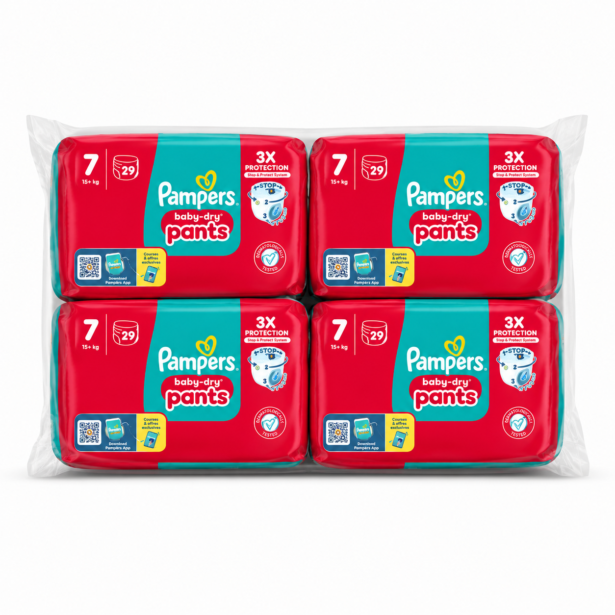 PAMPERS BABY-DRY PANTS – TAILLE 7 (15+ KG) – LOT DE 4 × 29, SOIT 116 COUCHES-CULOTTES