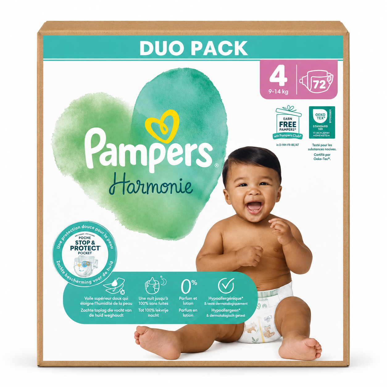 PAMPERS HARMONIE – TAILLE 4 (9–14 KG) – DUO PACK 72 COUCHES