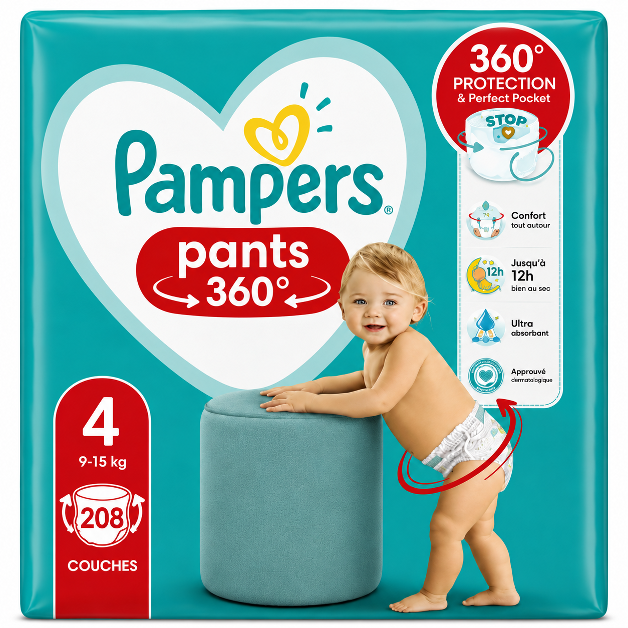 PACK PAMPERS – PANTS 360° TAILLE 4 208 COUCHES-CULOTTES