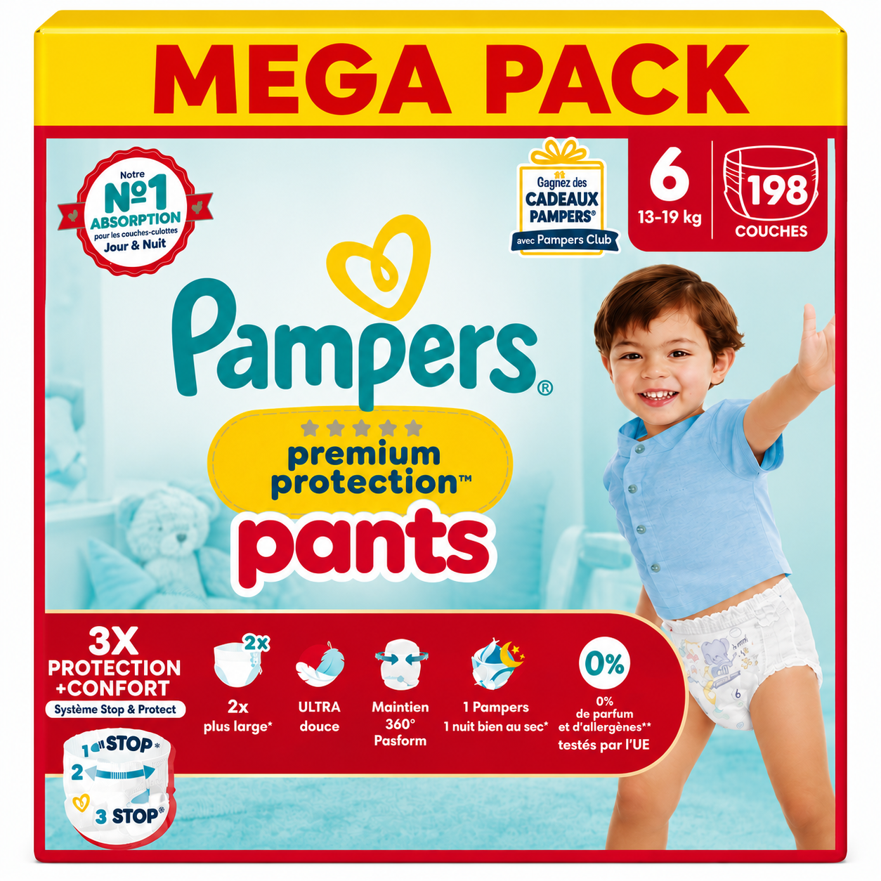 PACK PAMPERS – PREMIUM PROTECTION PANTS TAILLE 6 198 COUCHES-CULOTTES