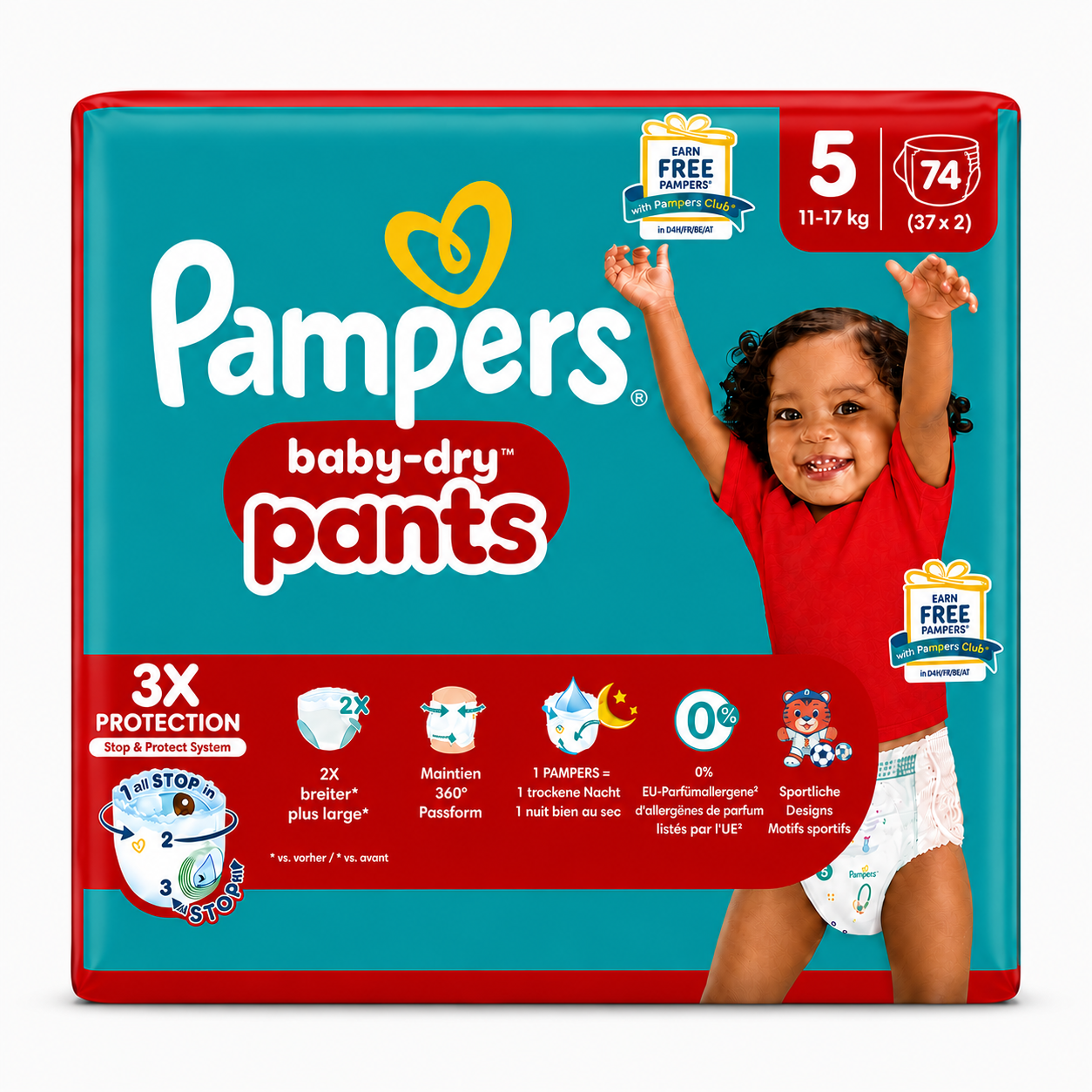 PAMPERS BABY-DRY PANTS – TAILLE 5 (11–17 KG) – 74 COUCHES