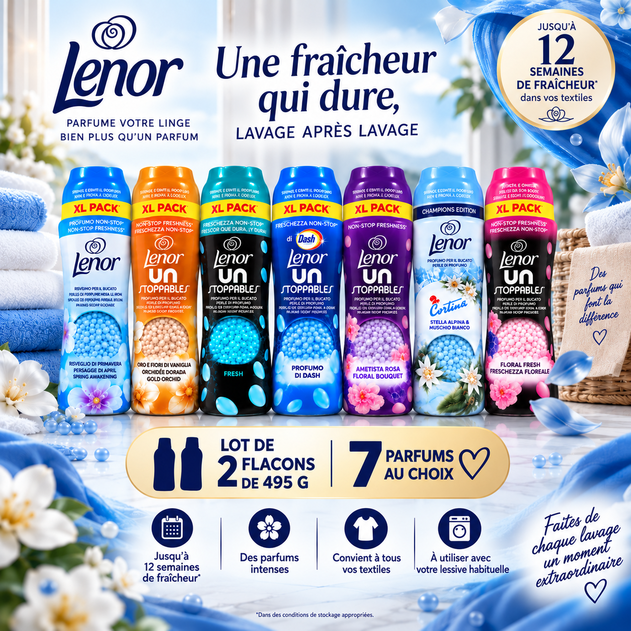 LENOR – PERLES PARFUMÉES POUR LE LINGE – LOT DE 2 × 495 GR