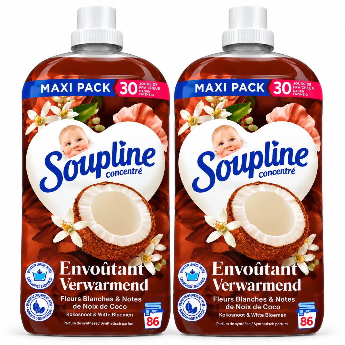 SOUPLINE CONCENTRÉ – ADOUCISSANT FLEURS BLANCHES & NOIX DE COCO – 1,8 L – 86 LAVAGES