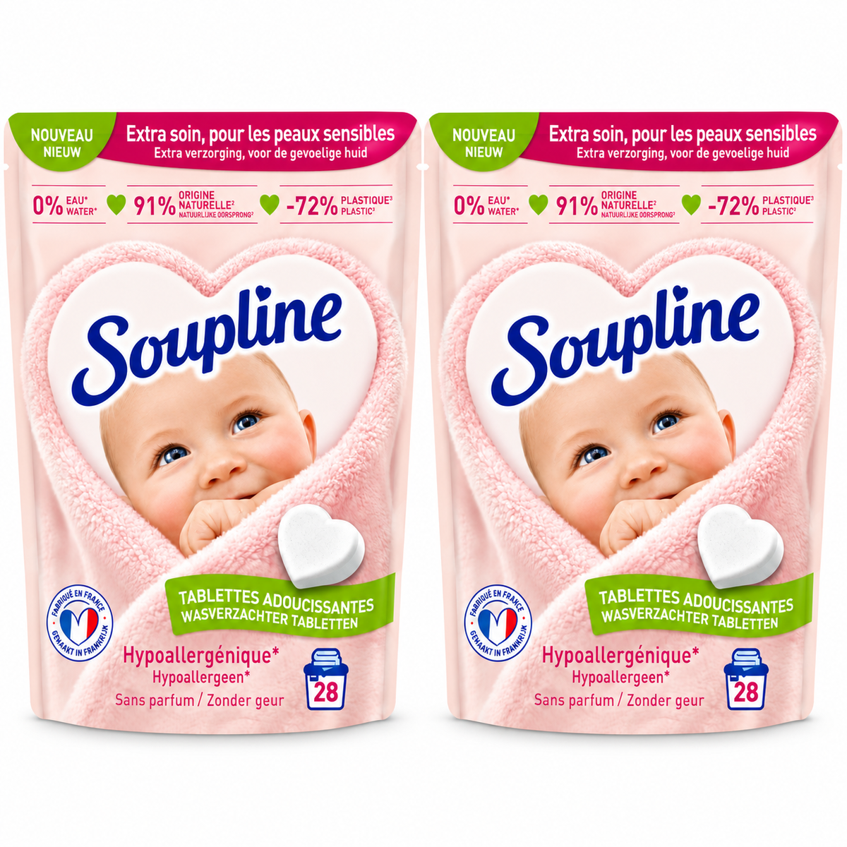 SOUPLINE TABLETTES ADOUCISSANTES HYPOALLERGÉNIQUES SANS PARFUM – 28 TABLETTES