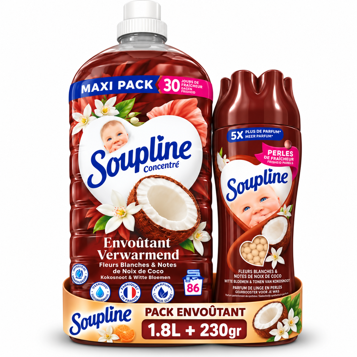 SOUPLINE CONCENTRÉ – PACK ADOUCISSANT 1.8L + PERLE DE LINGE 230GR