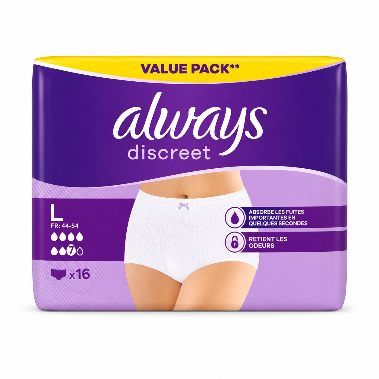 ALWAYS DISCREET – CULOTTES POUR FUITES URINAIRES – TAILLE L (FR 44–54) – 16 UNITÉS