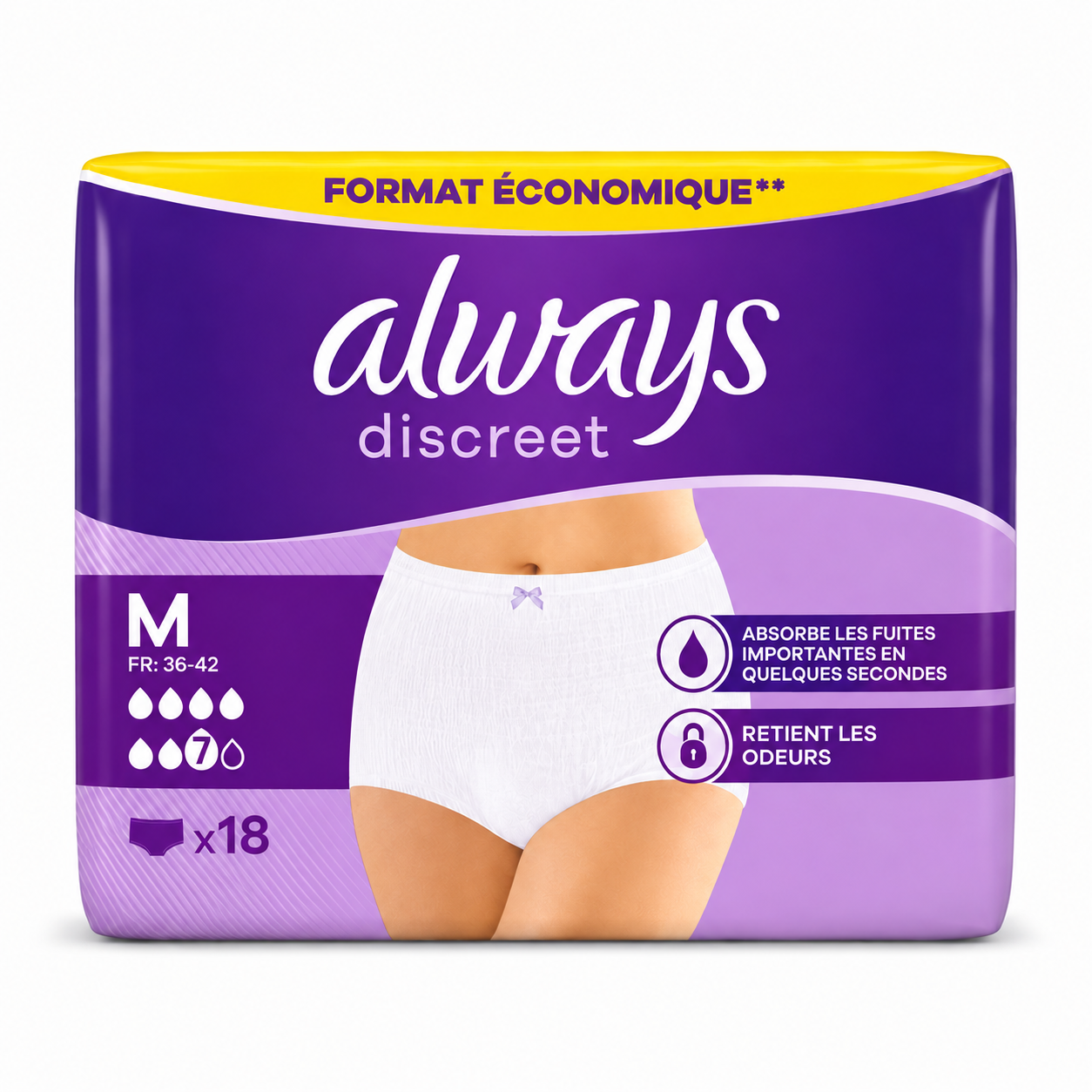 ALWAYS DISCREET – CULOTTES POUR FUITES URINAIRES – TAILLE M (FR 36–42) – 18 UNITÉS