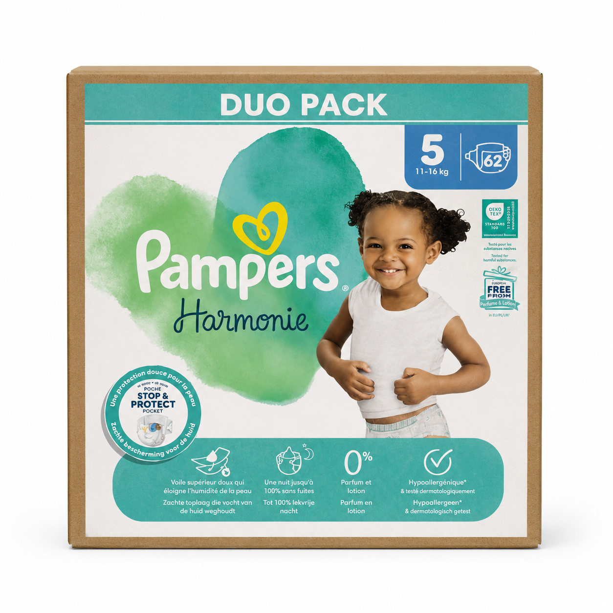 PAMPERS HARMONIE – TAILLE 5 (11–16 KG) – 62 COUCHES