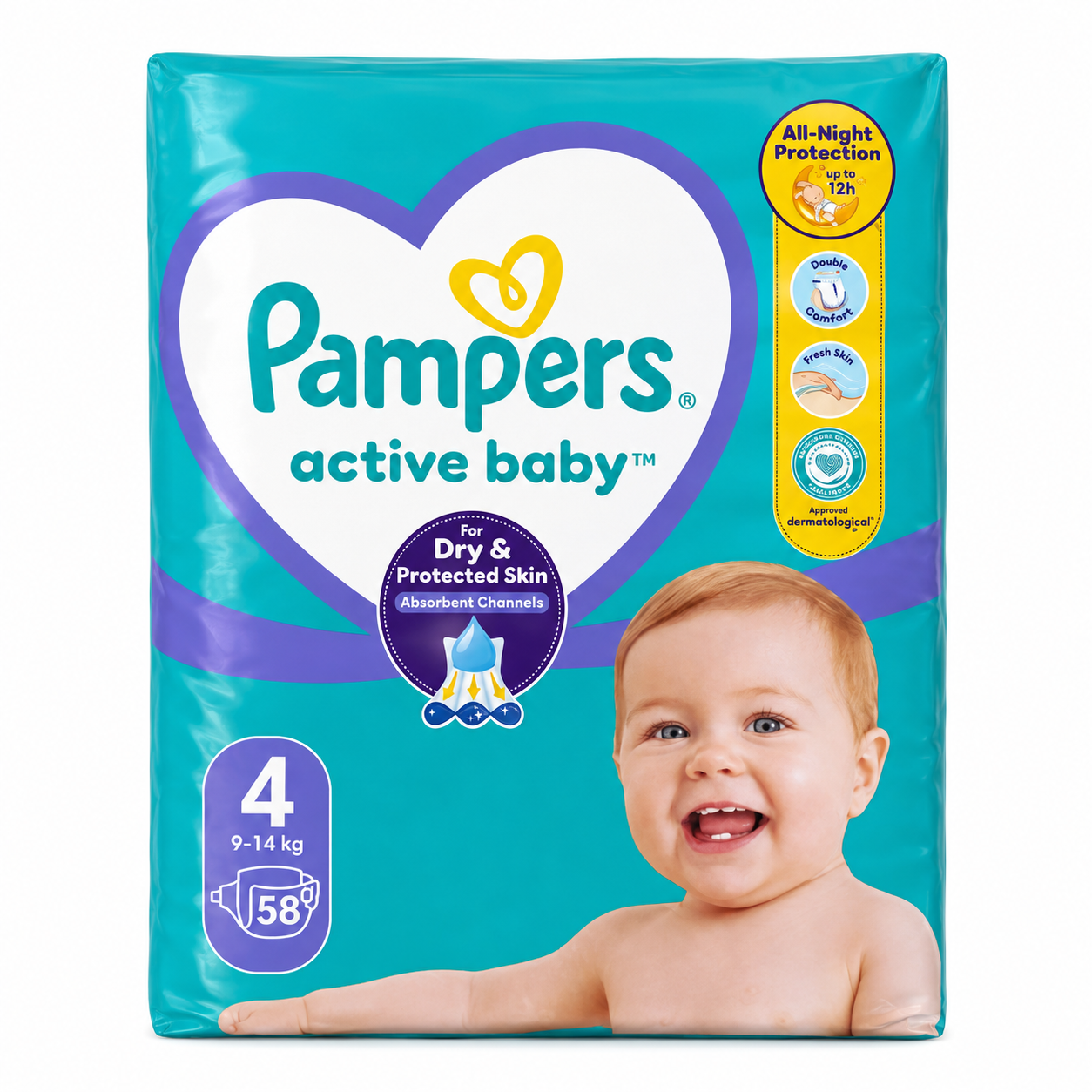 PAMPERS ACTIVE BABY – TAILLE 4 – 58 COUCHES – 9 À 14 KG