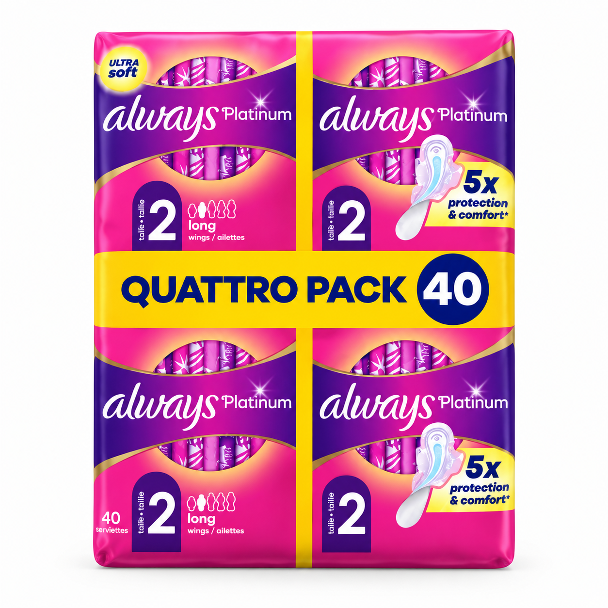 ALWAYS PLATINUM – TAILLE 2 LONG AVEC AILETTES – 40 SERVIETTES
