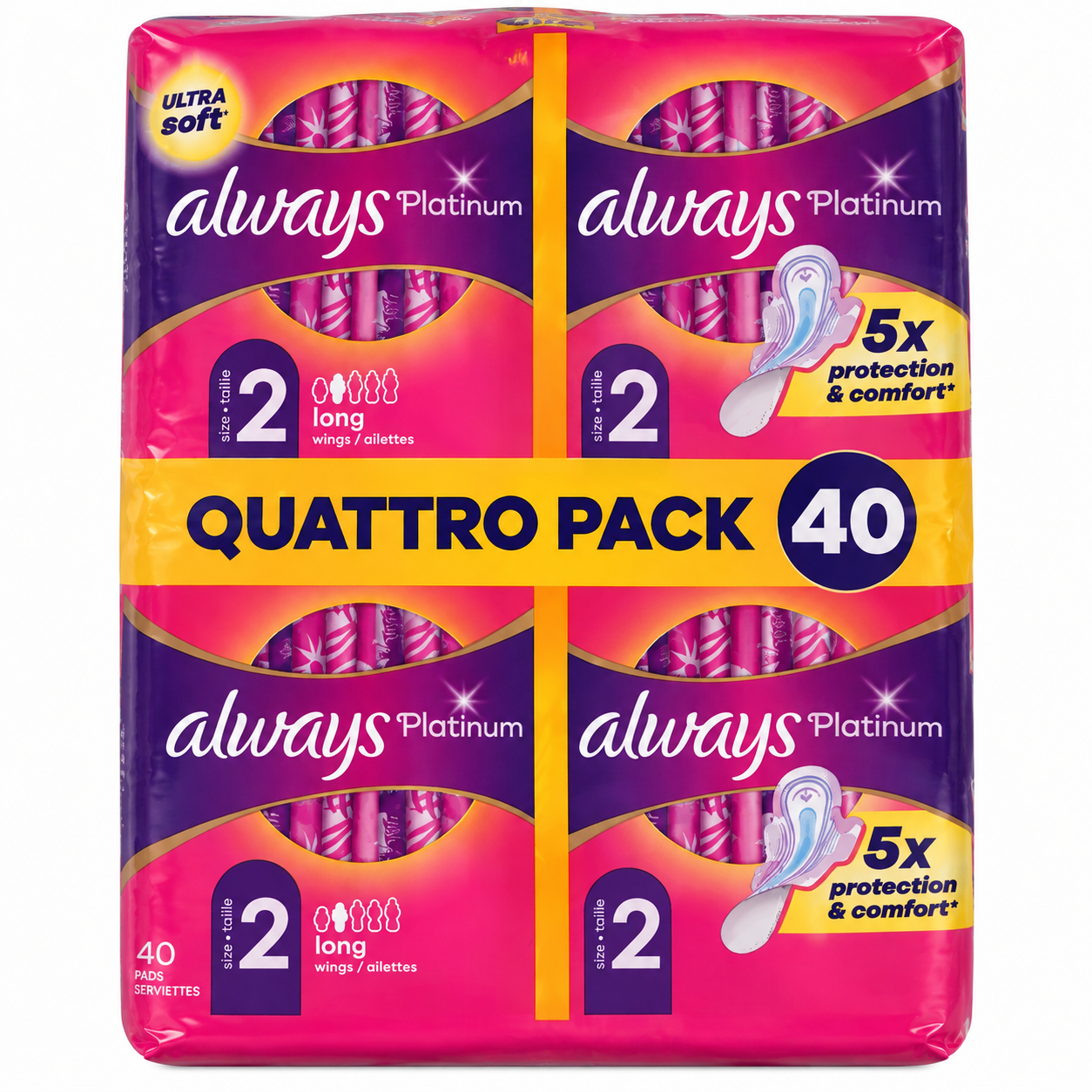Always Platinum Taille 2 Long – Quattro Pack 40 Serviettes