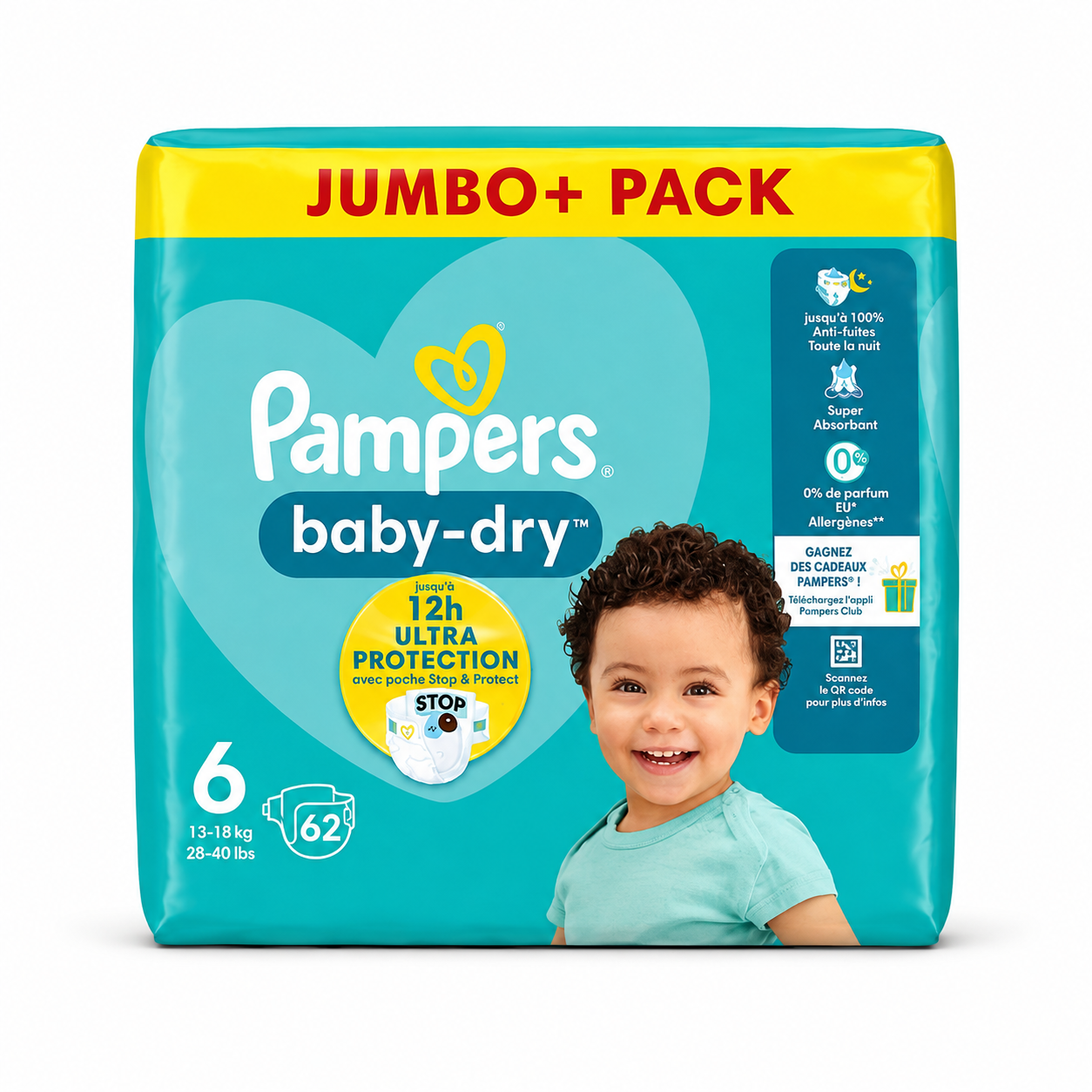 PAMPERS BABY-DRY – TAILLE 6 (13–18 KG) – 62 COUCHES