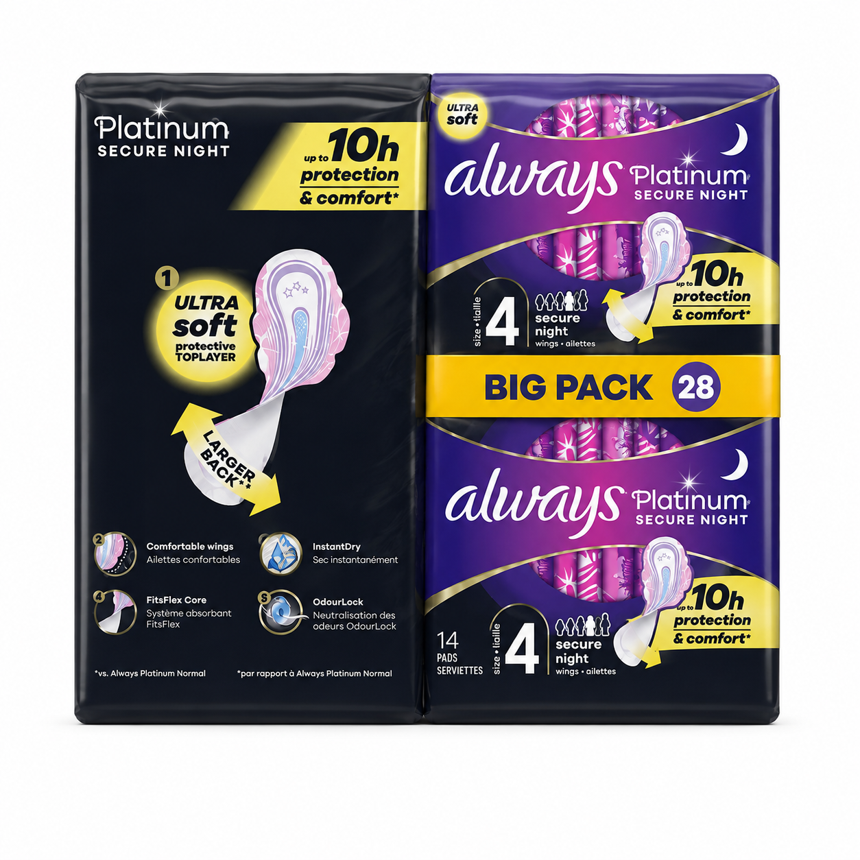 ALWAYS PLATINUM SECURE NIGHT – TAILLE 4 – 28 SERVIETTES