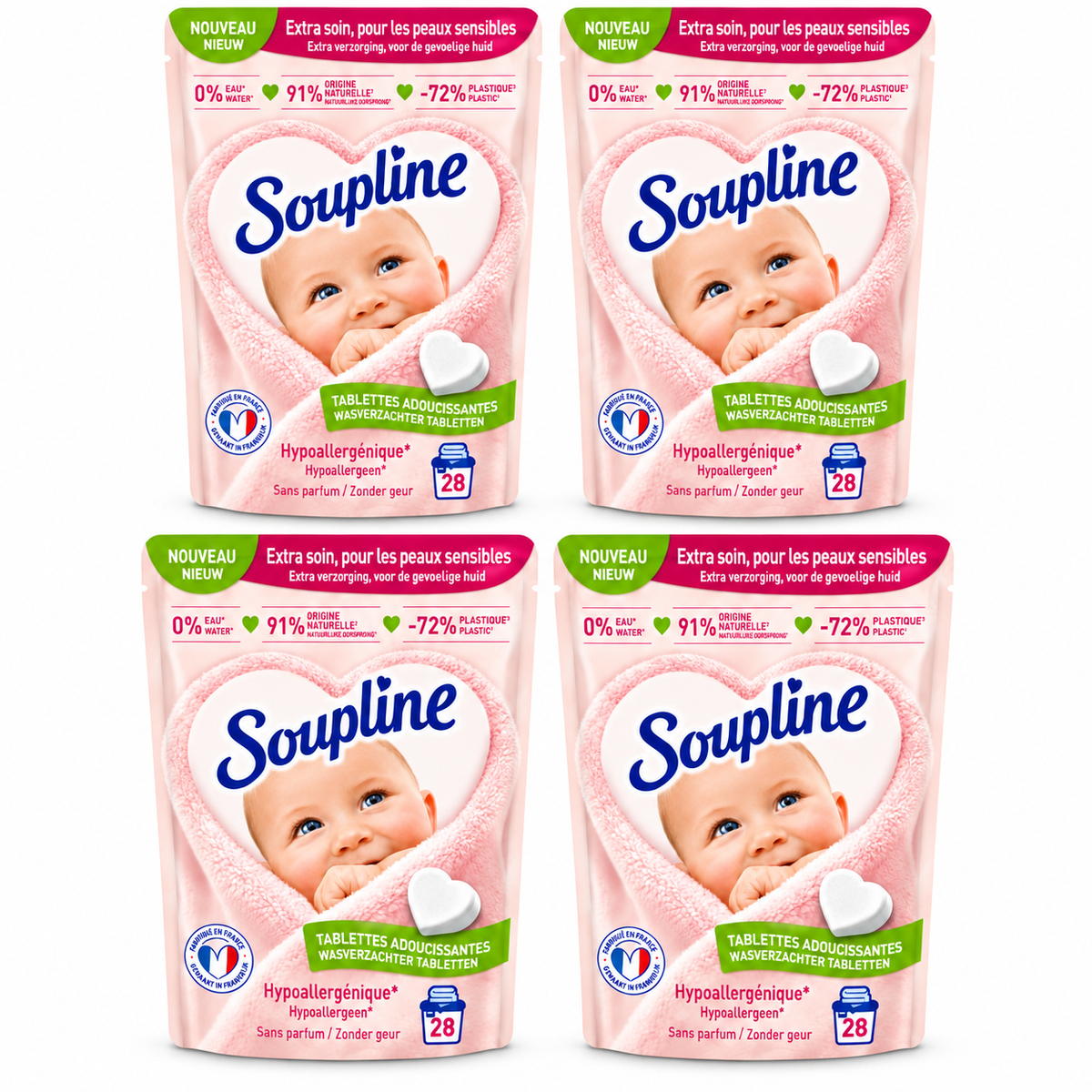 SOUPLINE TABLETTES ADOUCISSANTES HYPOALLERGÉNIQUES SANS PARFUM – 28 TABLETTES