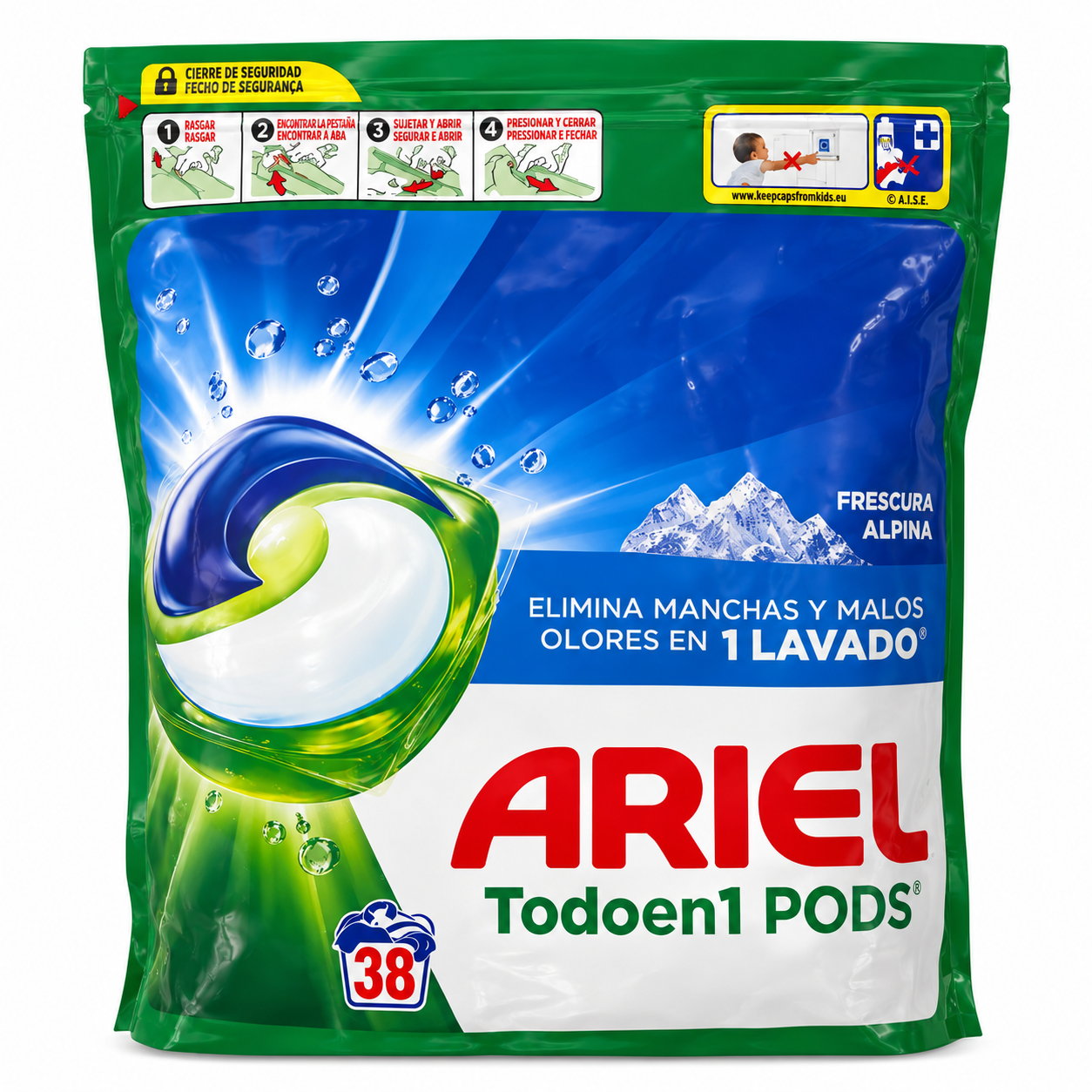 Ariel Todo en 1 Pods Fraîcheur Alpine – 38 Capsules